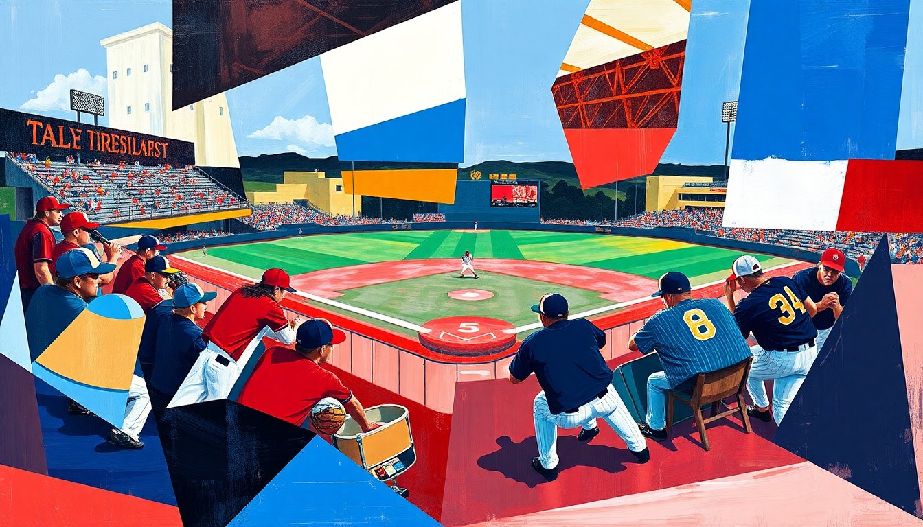 A cubist, geometric painting depicting a softball game, with the players and field broken down into overlapping planes of color representing the uniforms and playing surface.