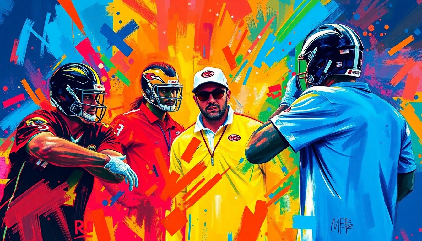 An abstract, energetic painting in bright neon colors, with rapid brushstrokes and a sense of movement, conceptually representing the annual NFL head coaches photo shoot.