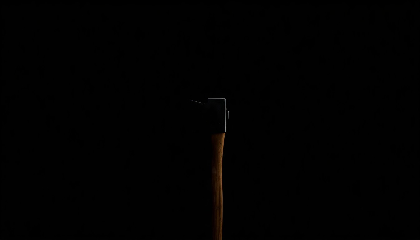 An extreme close-up photograph of a single axe head against a pitch-black background, capturing the sharp, metallic details and dramatic shadows to conceptually illustrate the threat of violence in a domestic dispute.