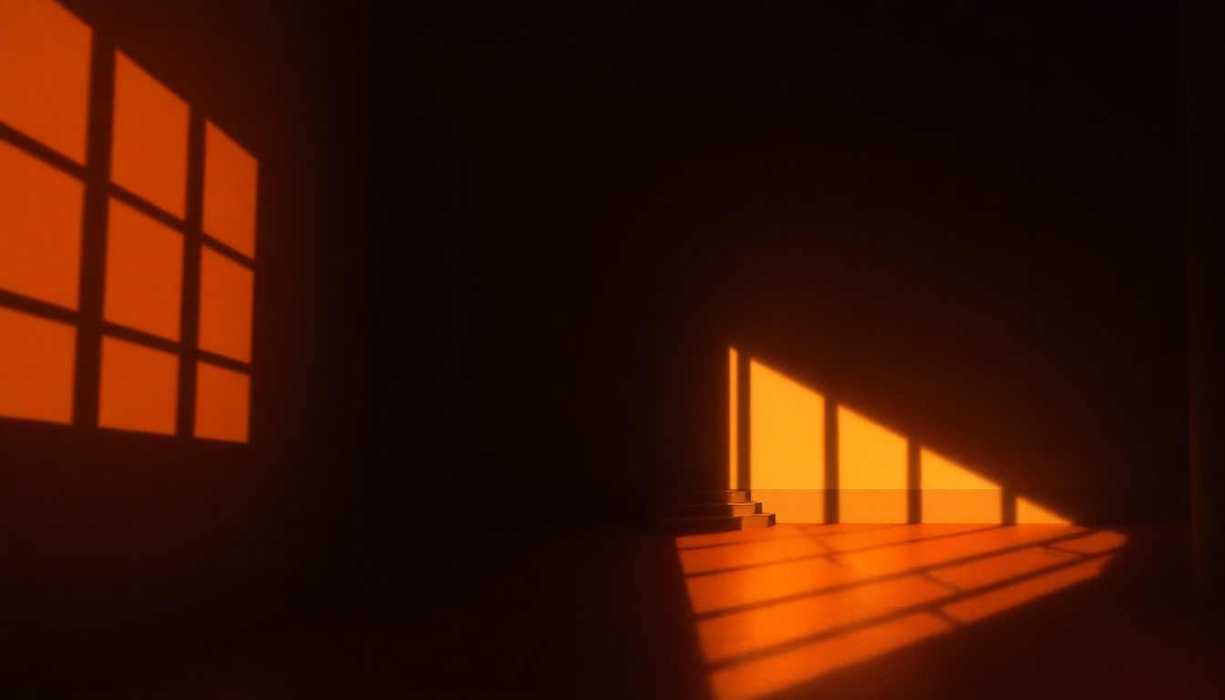 A realistic painting of a government building or office space in warm, golden light with deep shadows, conveying a sense of quiet contemplation and civic duty.