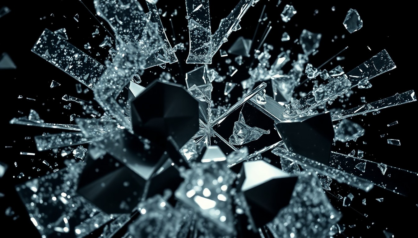 An extreme macro photograph of shattered glass and crumpled metal, captured in dramatic high-contrast studio lighting to create a conceptual representation of the film's criminal underworld.