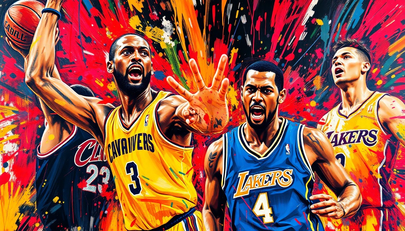 An abstract, energetic painting in neon colors featuring fragmented, indistinct figures representing basketball players in action, conveying the intensity and excitement of a major NBA matchup.