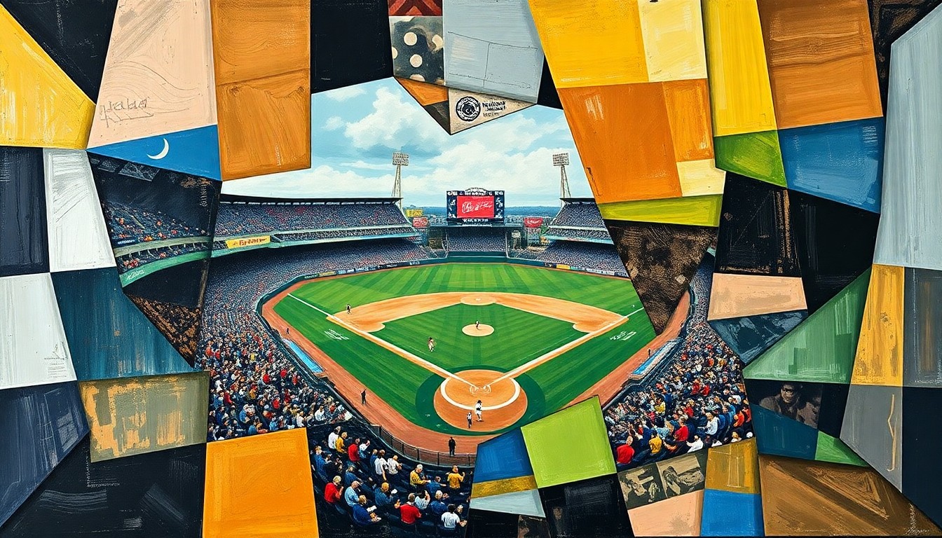 A cubist, geometric painting depicting a fragmented baseball game, with overlapping planes of color and shape representing the high-stakes labor negotiations between the league and its players.