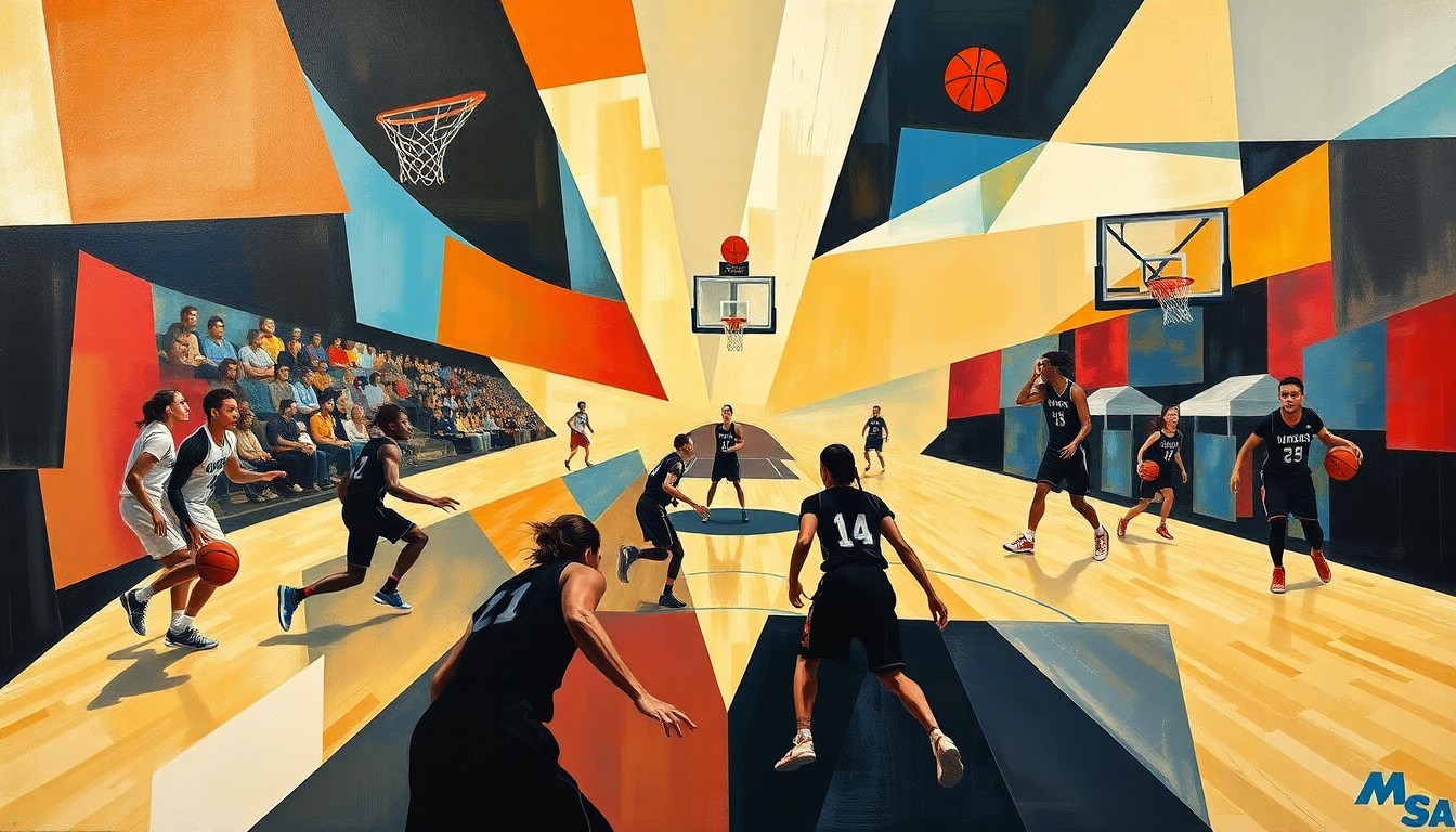 A fractured, geometric painting depicting the action of a women's college basketball game, with players and the ball represented as overlapping angular shapes in a vibrant color palette.