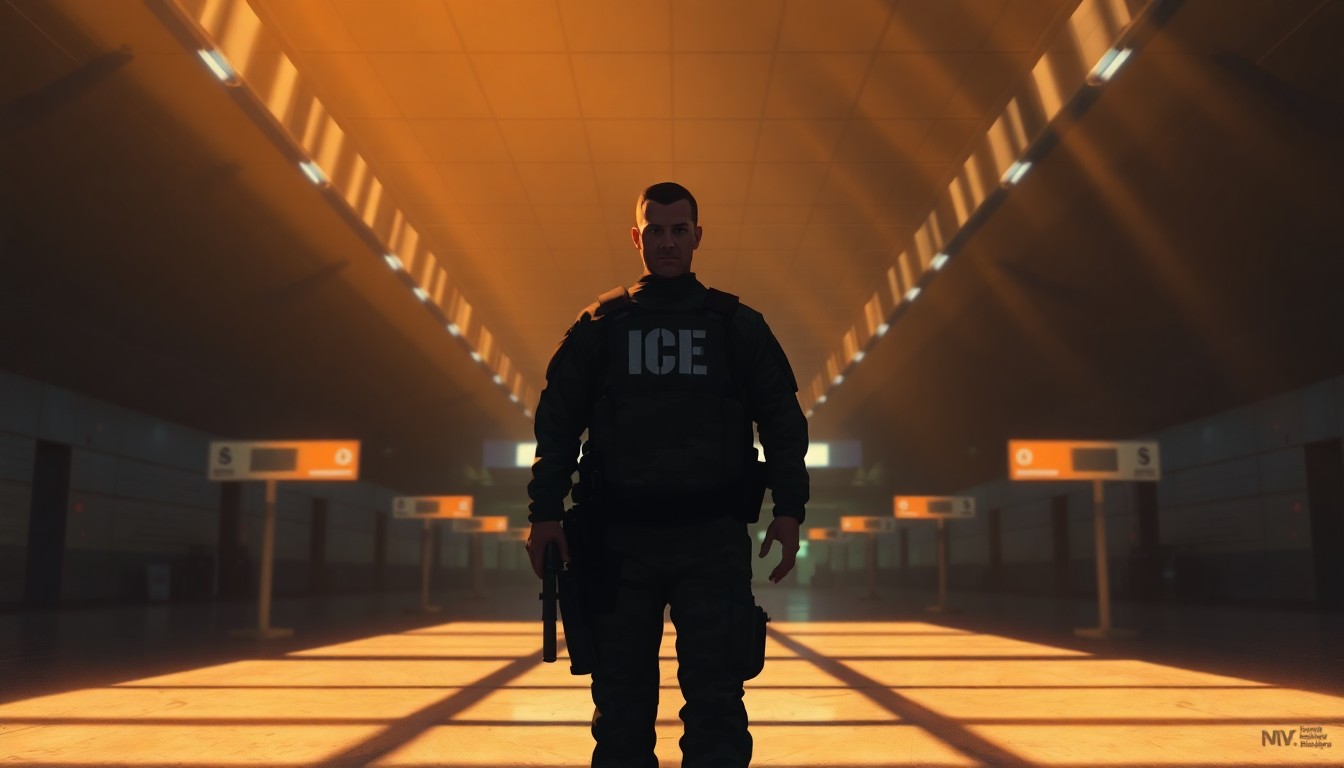 A cinematic painting of a lone ICE agent in military fatigues standing in a dimly lit airport terminal, the warm light and deep shadows creating a sense of unease and foreboding.