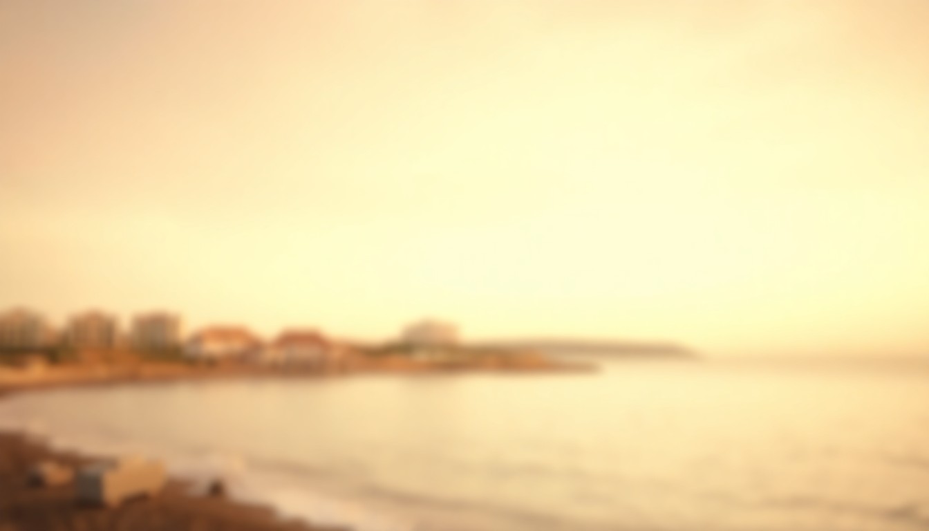 An extremely abstracted, out-of-focus photograph in soft pools of warm, pastel colors depicting a blurred coastal scene with a water view and hints of a residential building in the background.