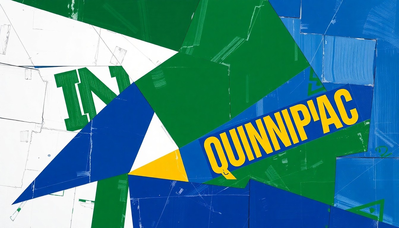 A cubist, geometric painting featuring overlapping planes of green, white, blue, and gold, capturing the energy and movement of a college basketball game in an abstract, fragmented style.