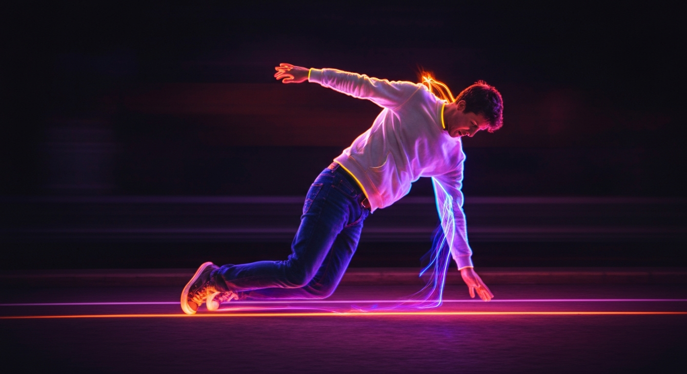 A minimalist design in the style of Keith Haring where the outline of a person tripping or falling is defined entirely by glowing, vibrant neon lines against a deep, dark background, emphasizing the shape and energy of the movement.