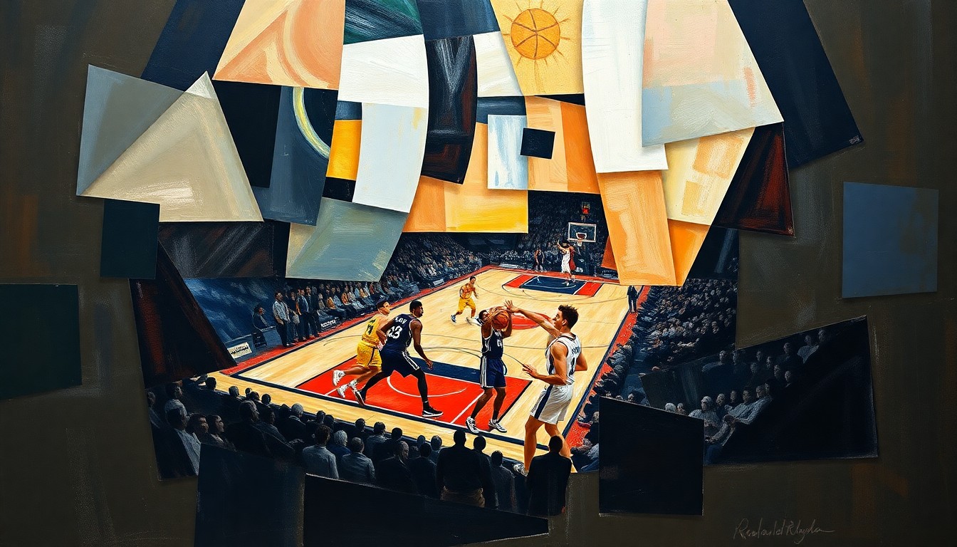A cubist, geometric painting depicting a basketball game or competition, with overlapping shapes and planes representing the dynamic action and energy of the sport.