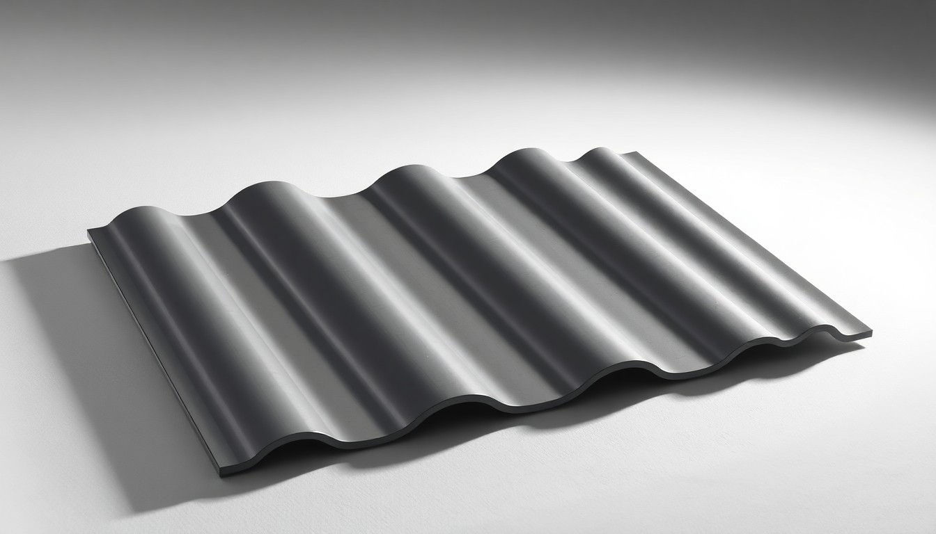 A close-up, high-contrast photograph of a single, polished steel roofing tile in a neutral gray color, resting on a clean white background and dramatically lit to showcase the material's premium texture and finish.