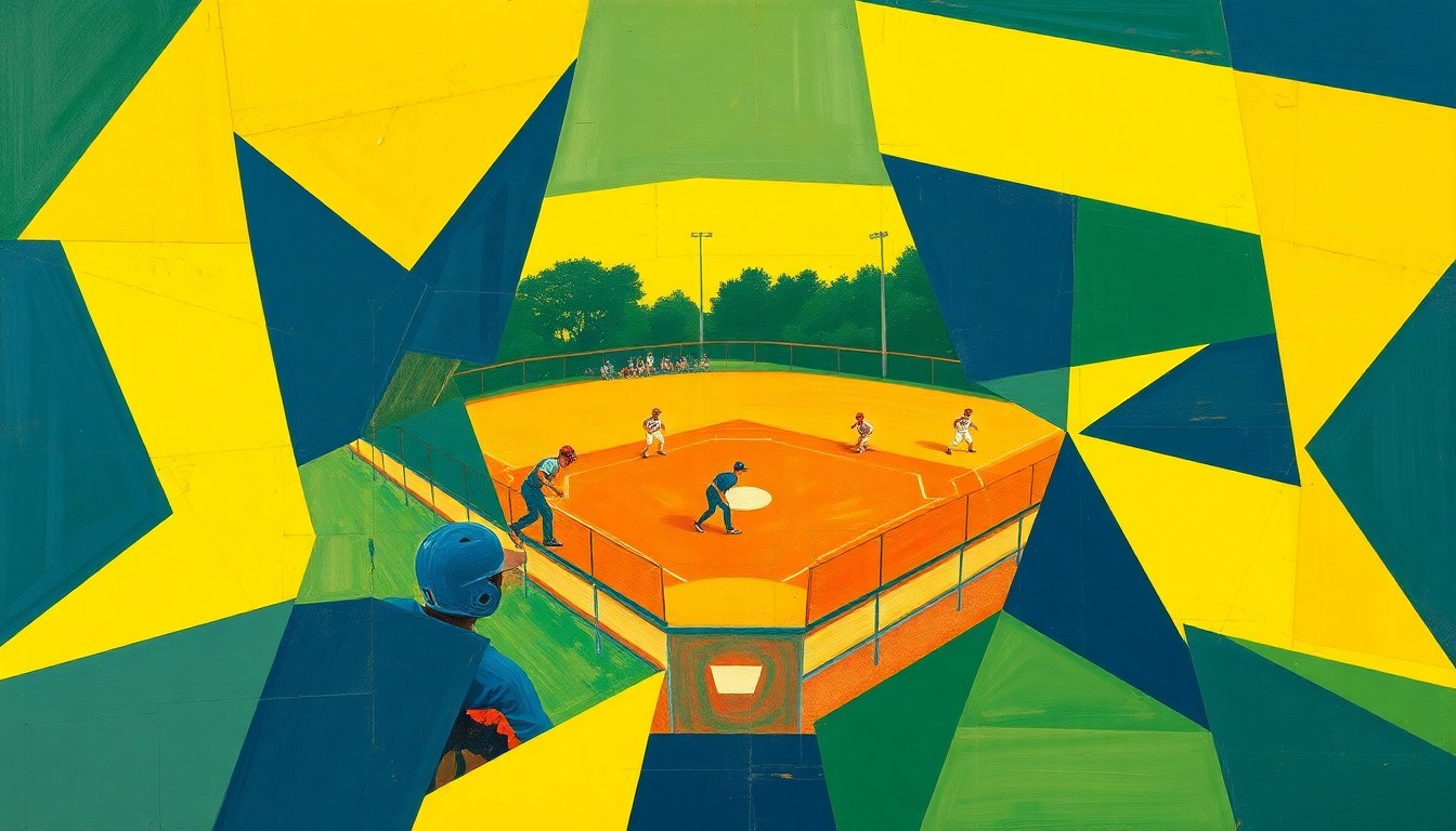 A cubist-style painting featuring overlapping geometric shapes in navy, green, and yellow, conceptually representing the dynamic action and energy of a high school baseball or softball game.