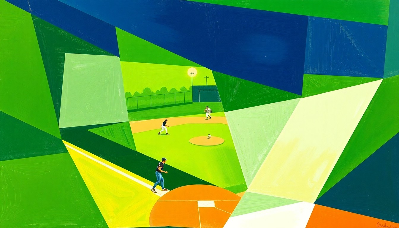 A cubist, geometric painting depicting a high school softball game, with sharp planes of green, blue, and white representing the players, field, and equipment in an abstract, deconstructed style.