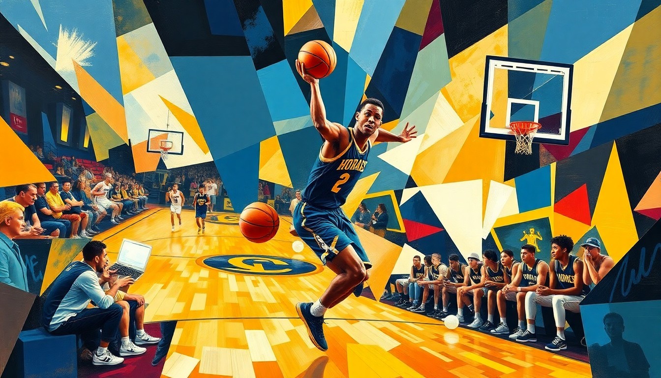 A fractured, multi-perspective painting depicting the dynamic movements and energy of a high school basketball player, with sharp, overlapping geometric shapes and planes in the team colors of navy blue, gold, and white.