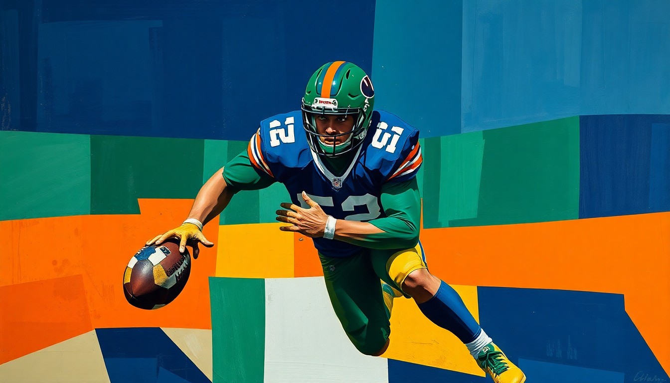 A cubist, geometric illustration depicting the fragmented motion of a football player in the act of blocking, using overlapping planes of navy, green, and orange to capture the energy and intensity of the sport.