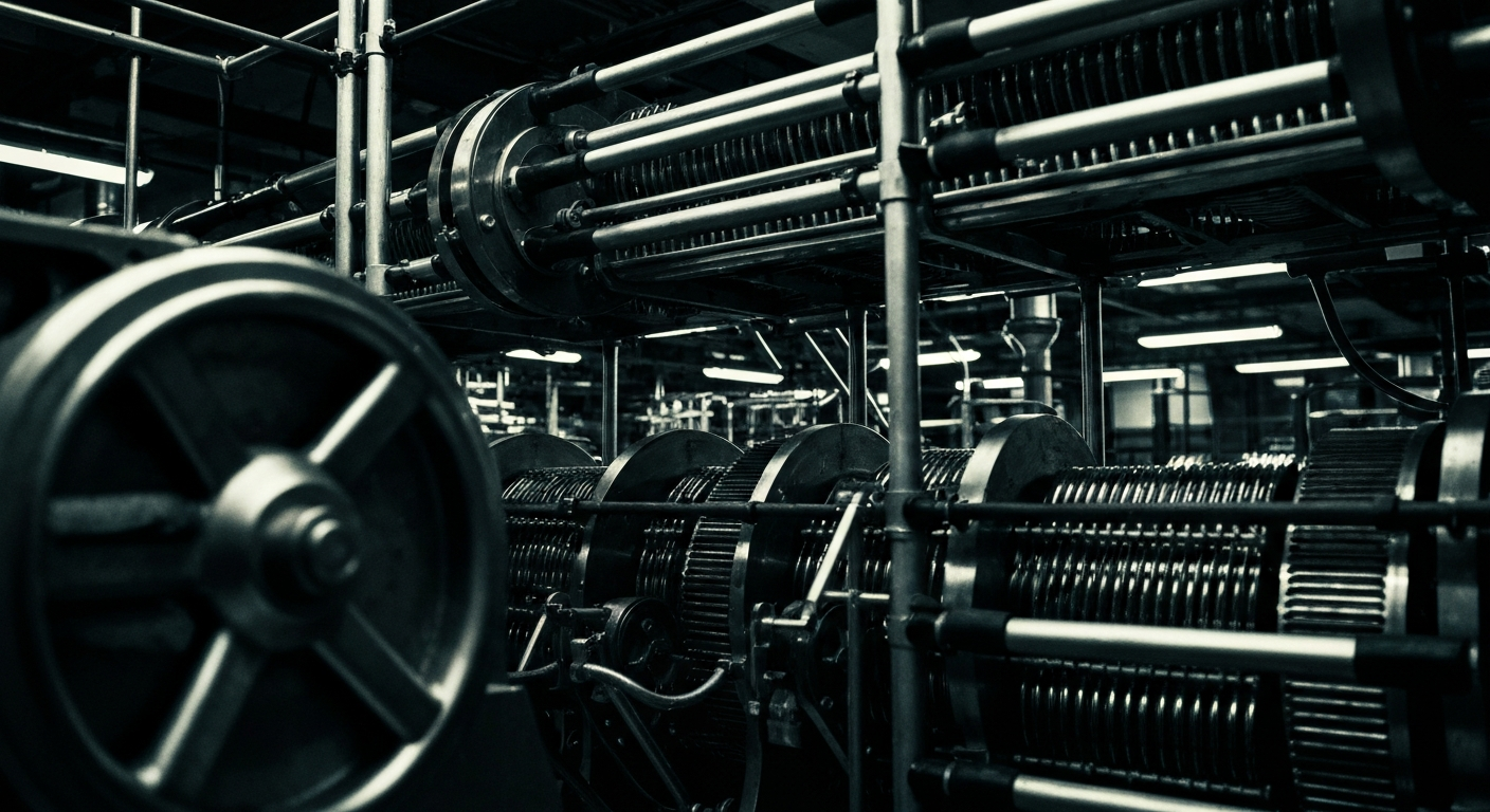 An extreme close-up of the intricate gears, levers and mechanisms of a large, industrial banking machine, captured in high-contrast black and white to convey a sense of the scale and complexity of the modern financial system.