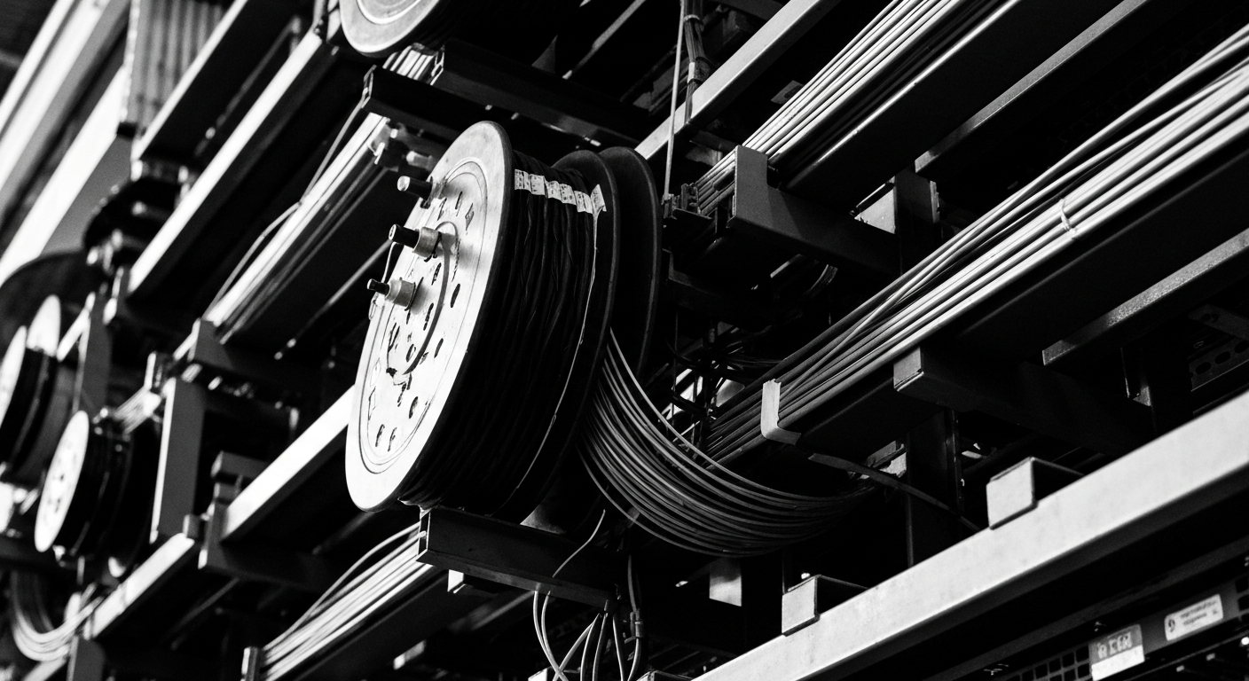 A high-contrast, close-up black and white photograph of heavy, industrial telecommunications equipment and infrastructure, conveying the tangible, mechanical nature of the financial and technological systems that underpin major telecom providers.
