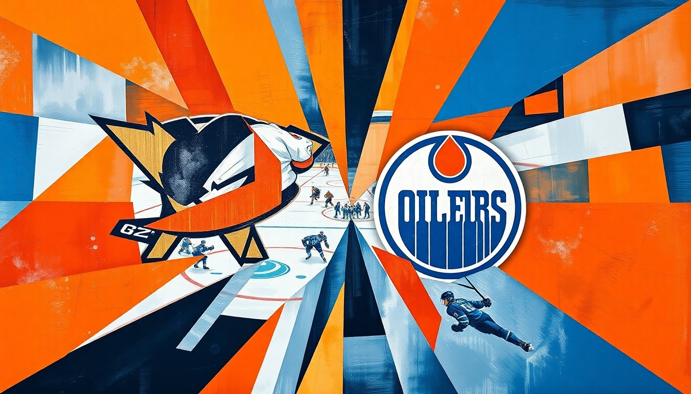 A cubist, geometric painting depicting the action and energy of a hockey game between the Anaheim Ducks and Edmonton Oilers, with overlapping planes of vibrant orange, blue, and white shapes representing the players, puck, and arena.