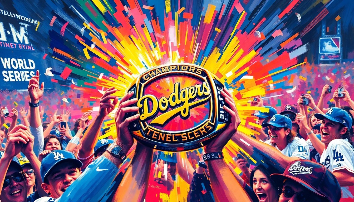 An abstract, expressionist painting featuring a central focus on a Dodgers championship ring, surrounded by vibrant, neon-colored brushstrokes that convey the raw energy and excitement of the team's 2025 World Series victory celebration.