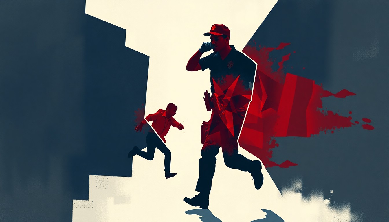 A dynamic, fragmented painting in bold colors depicting the silhouettes of a police officer and a fleeing figure, conveying the confrontational nature of the state's immigration enforcement efforts.