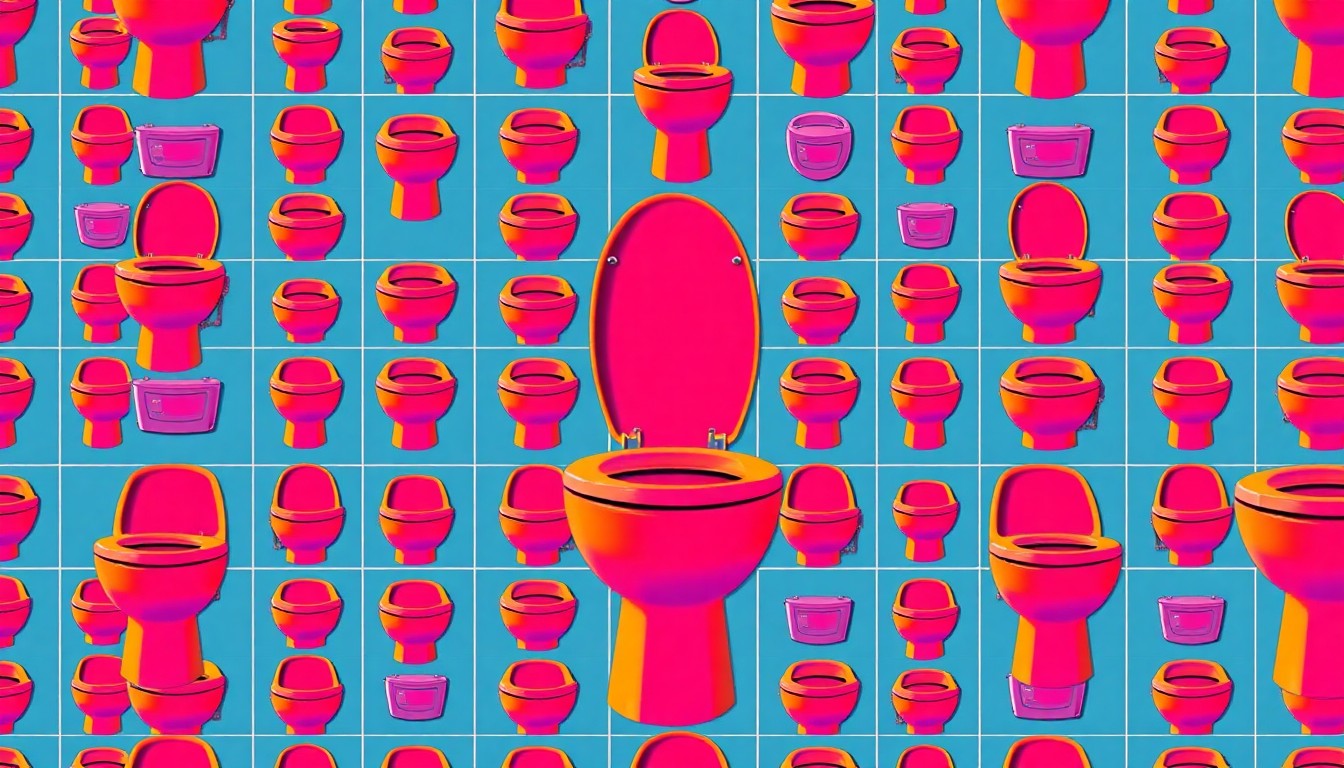 A vibrant, high-contrast silkscreen print featuring a single smart toilet fixture repeated in a grid pattern, rendered in a bold, neon color palette that transforms the everyday bathroom object into a modern pop art piece.