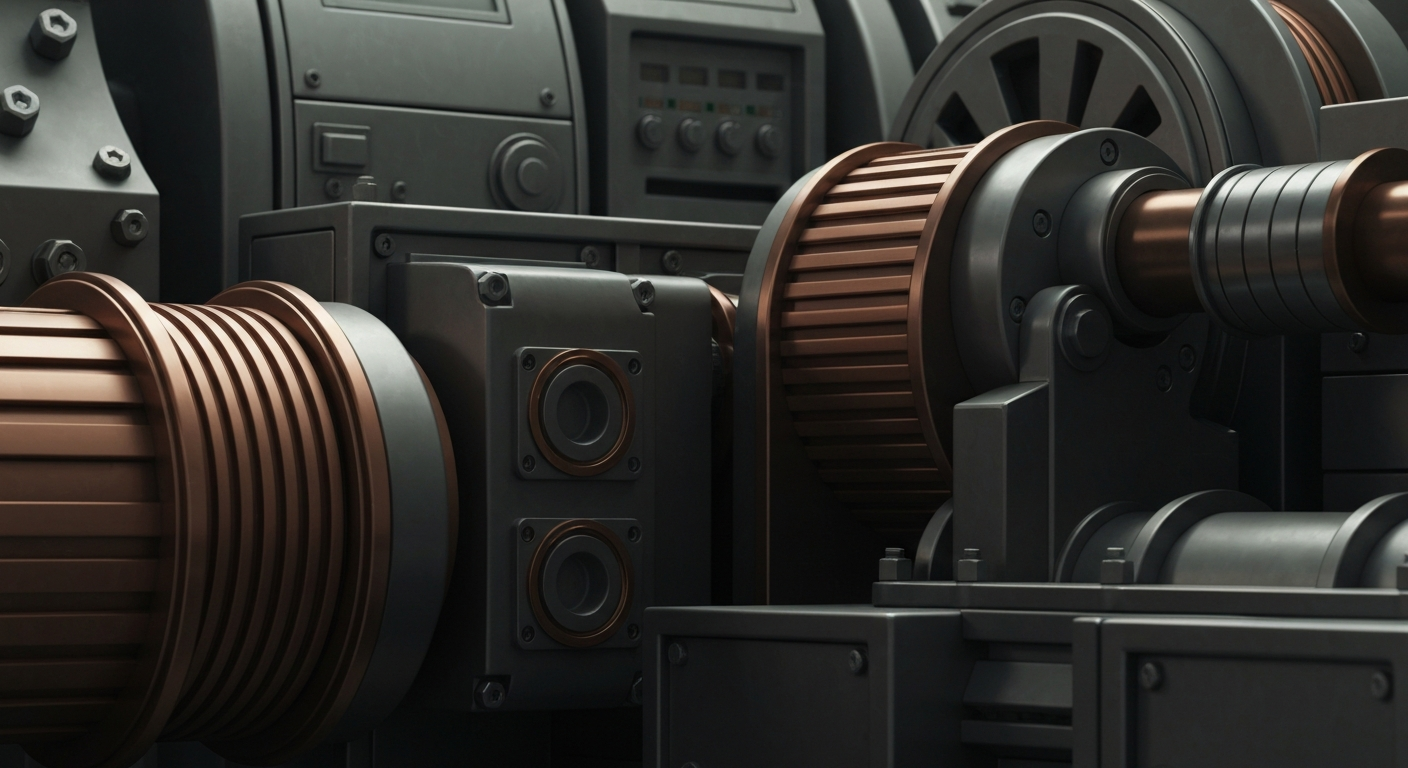 A highly detailed, cinematic close-up image of heavy, industrial banking machinery and equipment in muted tones of steel grey, copper, and black, conceptually representing the complex financial infrastructure and institutional power dynamics that can impact minority shareholders.