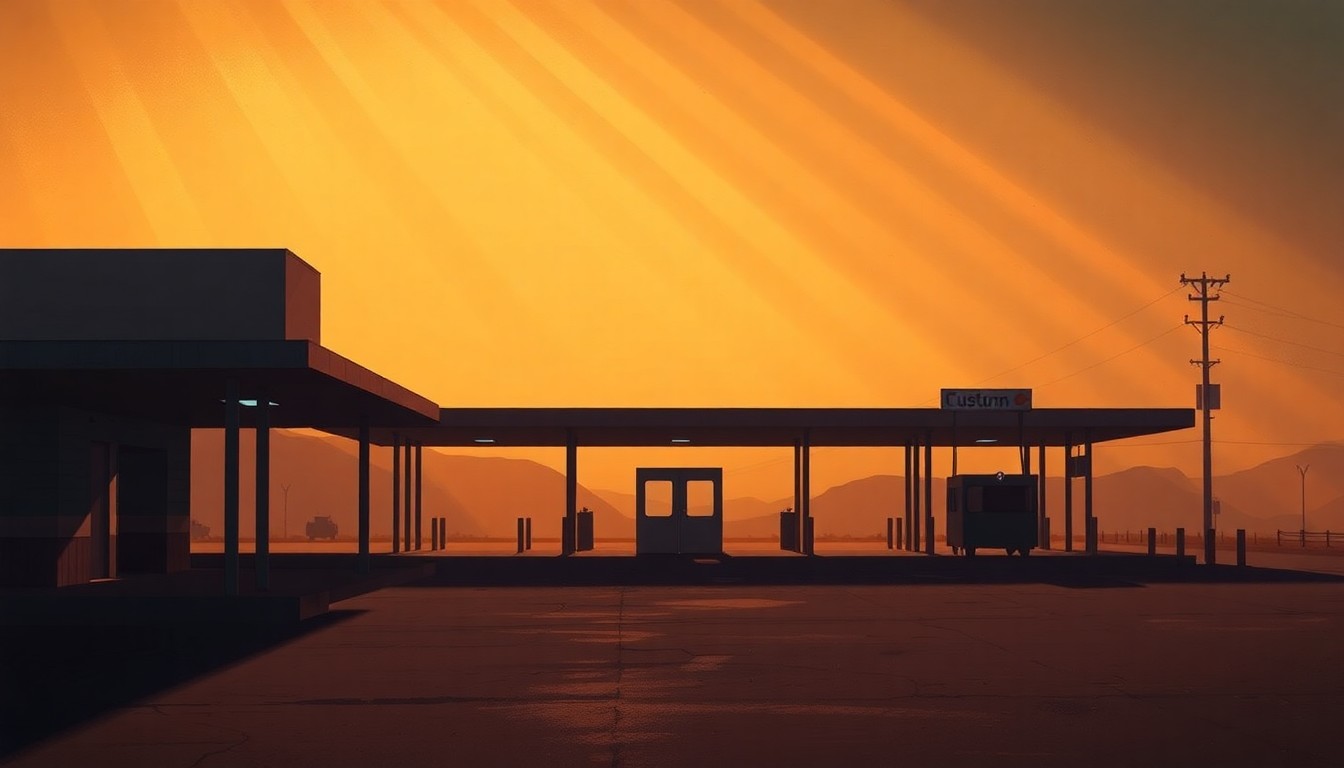 A serene, cinematic painting of a border crossing station, with the structure bathed in warm, diagonal sunlight and deep shadows, conveying a sense of melancholy and the impact of political disputes on the local economy.