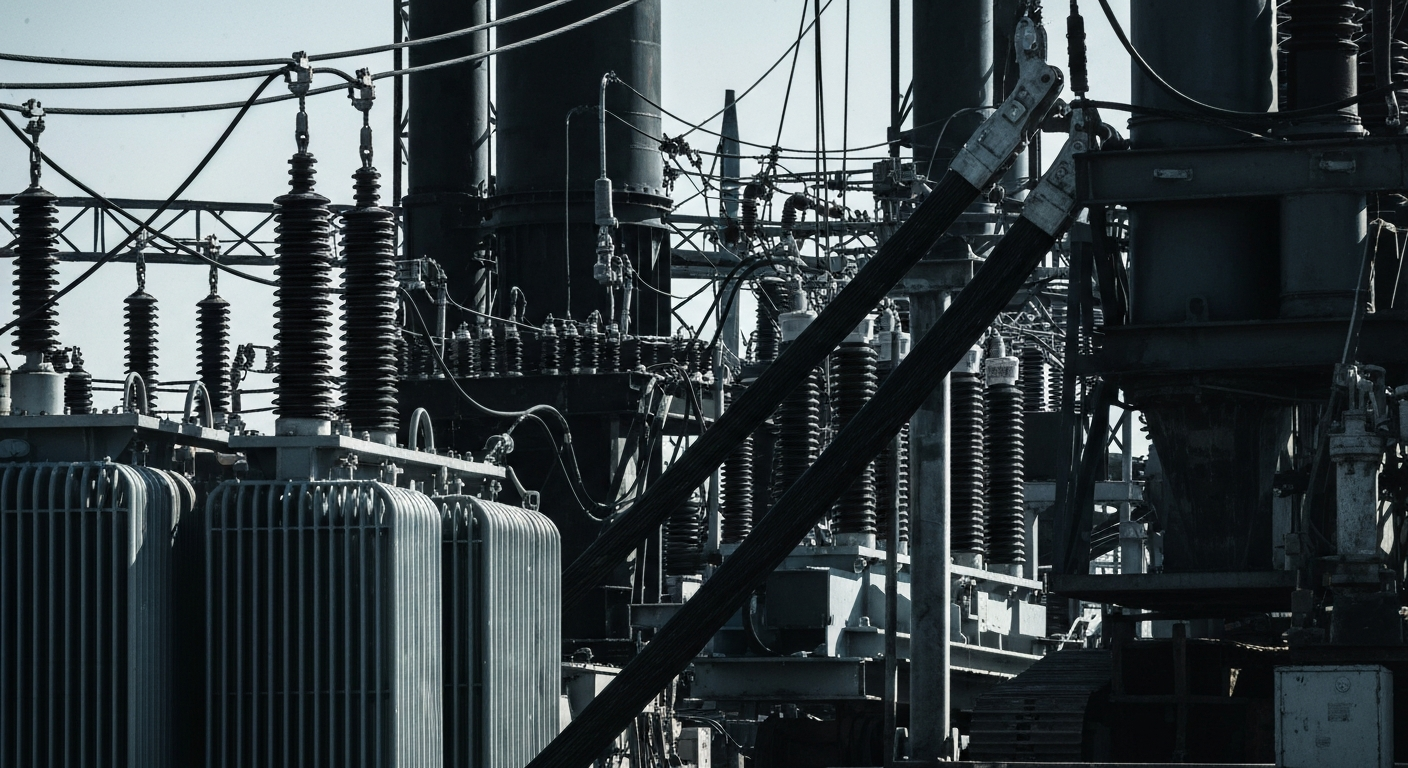 A dramatic, high-contrast close-up image of heavy industrial machinery and equipment used in the construction and maintenance of power infrastructure, conveying a sense of the scale and importance of this critical work.