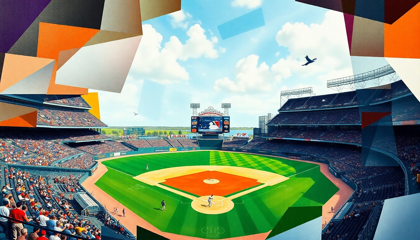 A fragmented, geometric painting depicting a college baseball game, with the players, field, and stadium broken down into abstract shapes and planes of vibrant color.