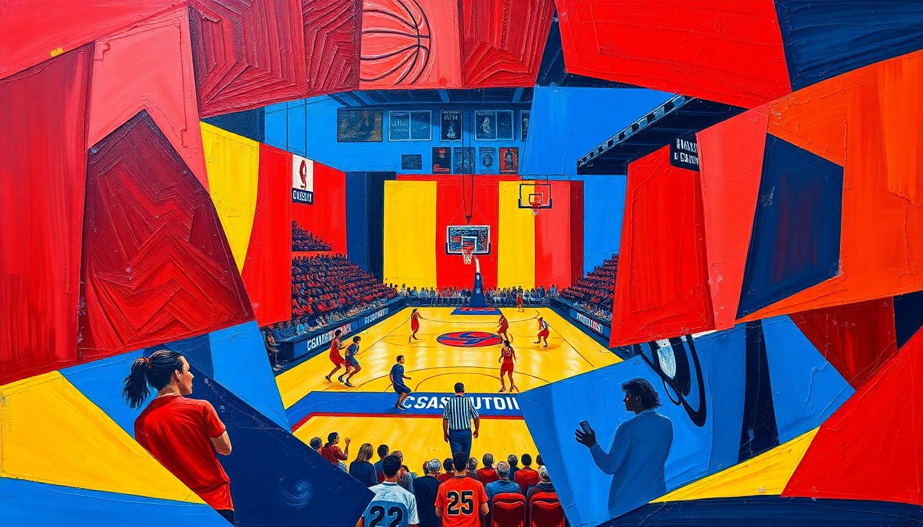 A vibrant, cubist-style painting depicting the dynamic action of a women's basketball game, with the players and court fragmented into overlapping geometric shapes in a rich color palette.
