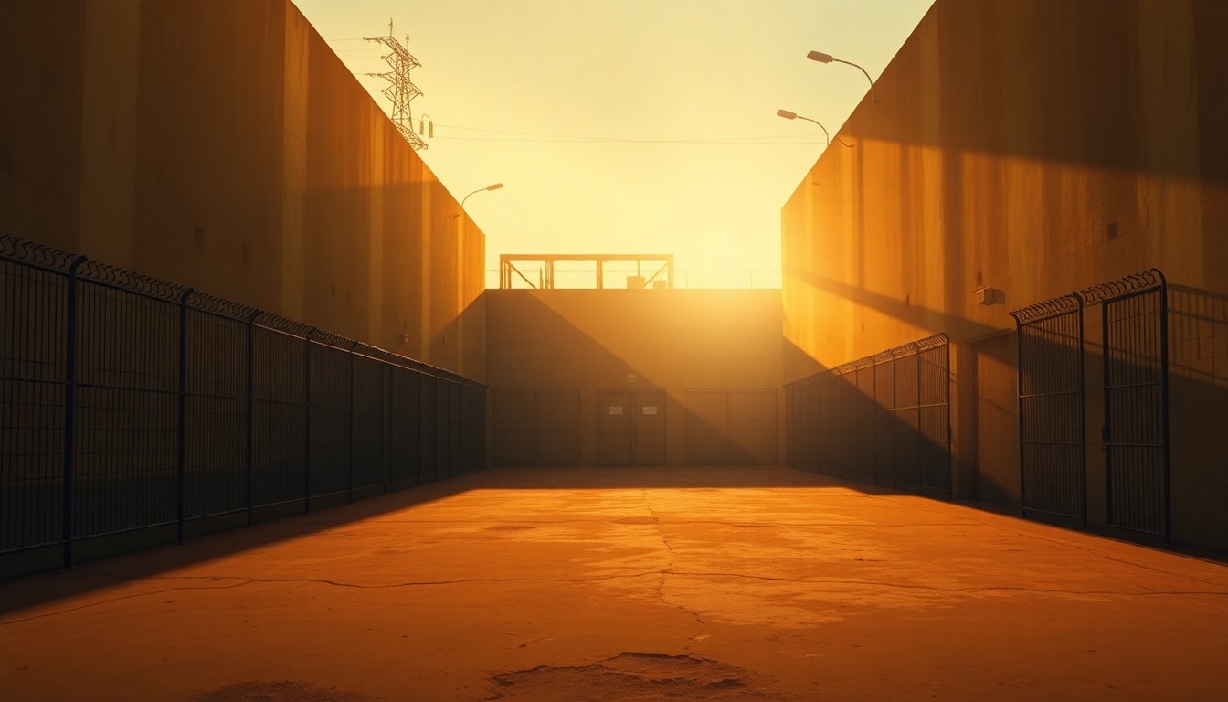A serene, photorealistic painting of an empty prison yard with high concrete walls and a watchtower in the distance, the scene bathed in warm, golden sunlight and deep shadows, conveying a sense of quiet contemplation about the state's prison system.