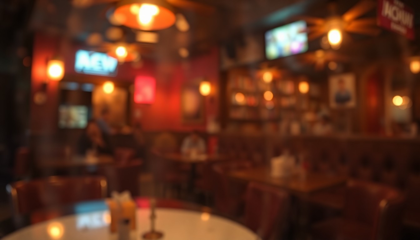 An impressionistic, blurred image of a dimly lit bar interior, with warm pools of yellow, orange, and red light creating a cozy, inviting ambiance.