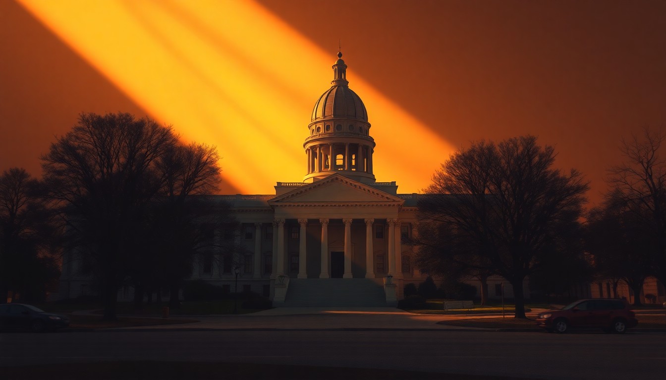 A photorealistic painting of the Arkansas State Capitol building in soft, warm tones, with dramatic shadows and highlights that create a sense of quiet contemplation.