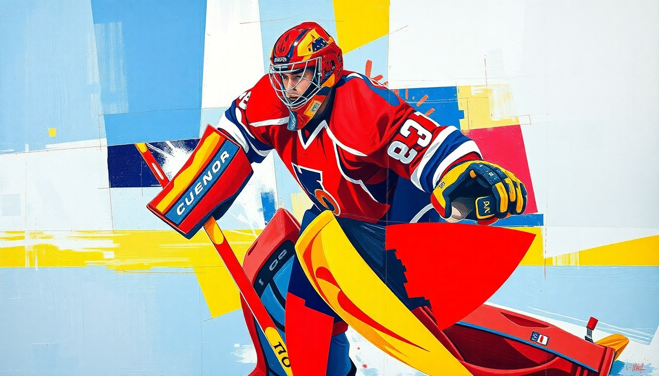 A fractured, multi-perspective painting depicting a hockey goaltender in action, with sharp, overlapping geometric planes in vibrant colors conceptually representing the strategic importance of this signing for the Red Wings.
