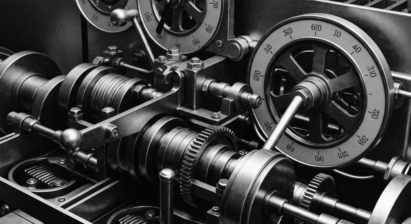 A high-contrast, black-and-white close-up photograph of a complex financial mechanism, with gears, levers, and dials, conceptually representing the inner workings and infrastructure of the financial system.
