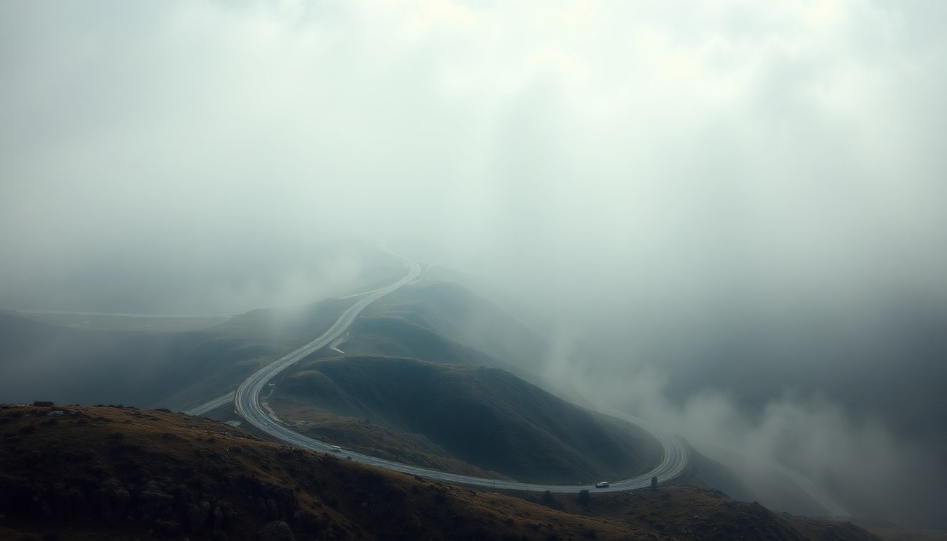 A sweeping, atmospheric landscape painting with a winding highway partially obscured by thick fog, conveying the fragility of human infrastructure within the overwhelming scale of the natural world.