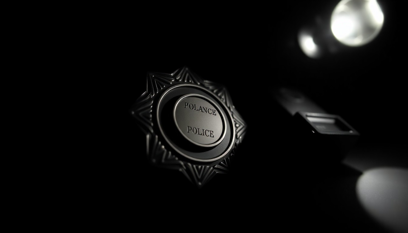 An extreme close-up photograph of a police badge or other law enforcement equipment, dramatically lit by a harsh flash against a dark background to create a somber, investigative mood.