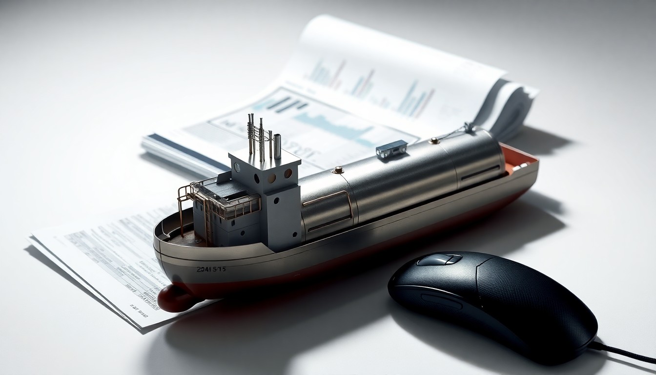 A photorealistic studio still life featuring a polished metal tank barge model, financial reports, and a computer mouse on a clean white background, symbolizing the corporate strategy and financial performance of the transportation industry.