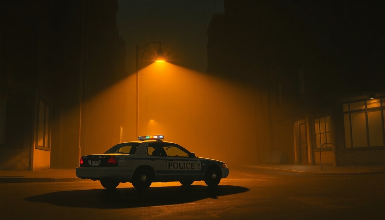 A moody, cinematic painting of a lone police car parked on a shadowy urban street, capturing the somber mood surrounding the leadership review of the Cincinnati police chief.