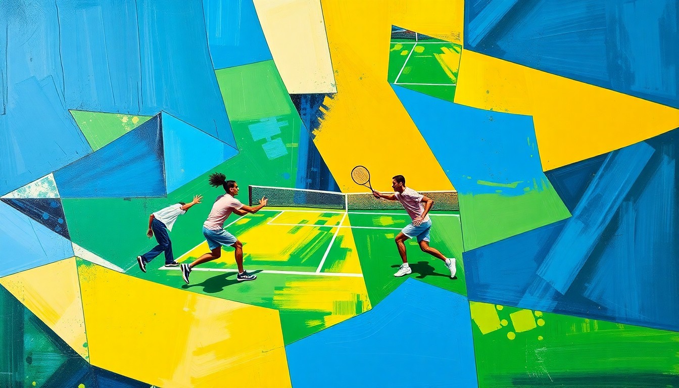 A fragmented, geometric painting depicting the dynamic movements and energy of a tennis match, with overlapping planes of color and form representing the competitive spirit of the players.