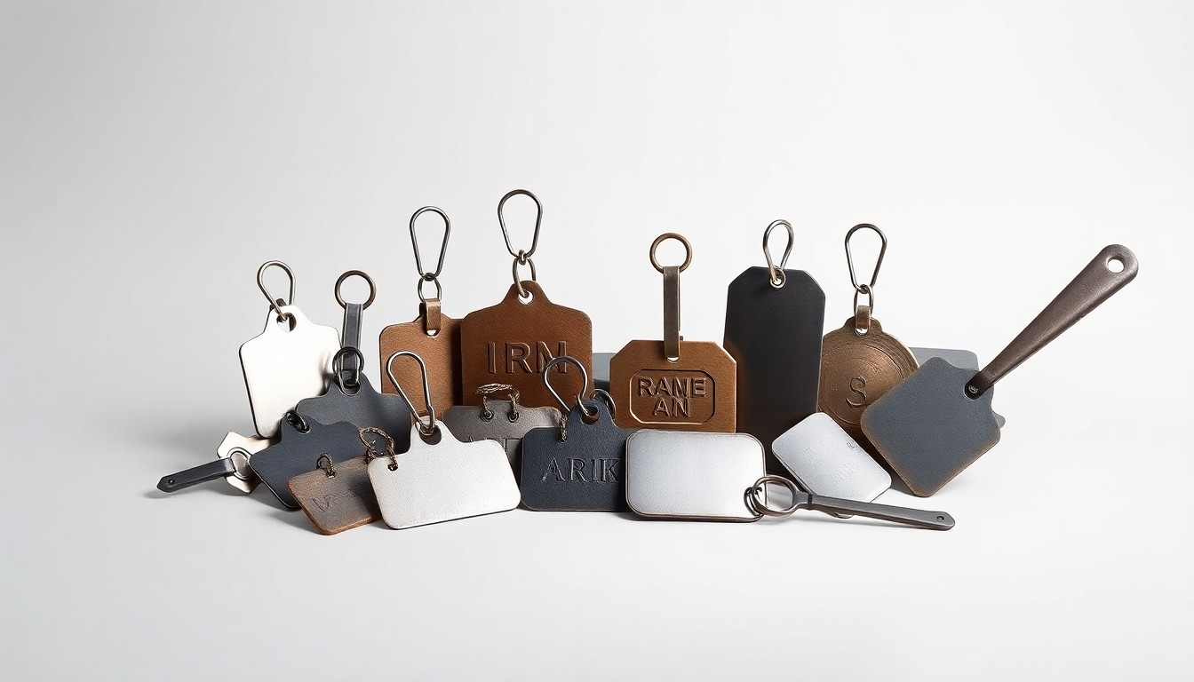 A minimalist studio still life photograph featuring a collection of polished, geometric metal livestock tags, auction paddles, and other premium ranch equipment arranged elegantly on a clean, monochromatic background, conceptually representing the modernization of a local agricultural marketplace.