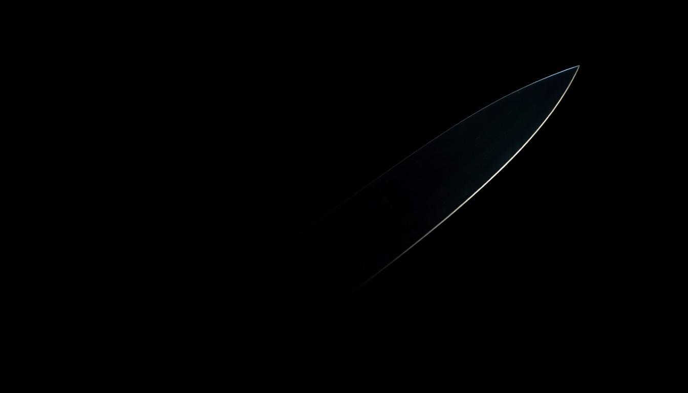 An extreme close-up photograph of a knife blade against a pitch-black background, the harsh lighting creating a stark, gritty, investigative aesthetic that conceptually represents the violence of the crime.
