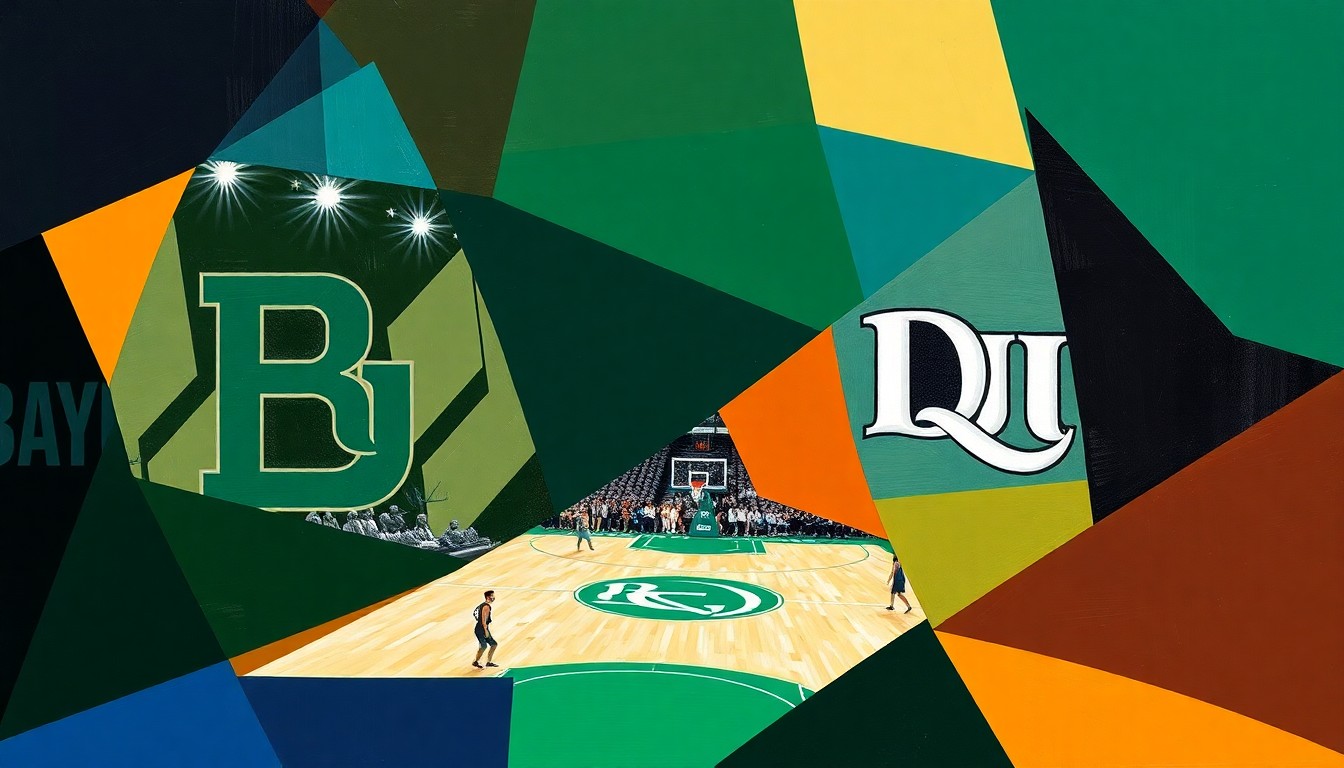 A cubist, geometric painting in Baylor's green and gold colors alongside Duquesne's red and blue, capturing the energy and movement of a college basketball game through fragmented, overlapping shapes.