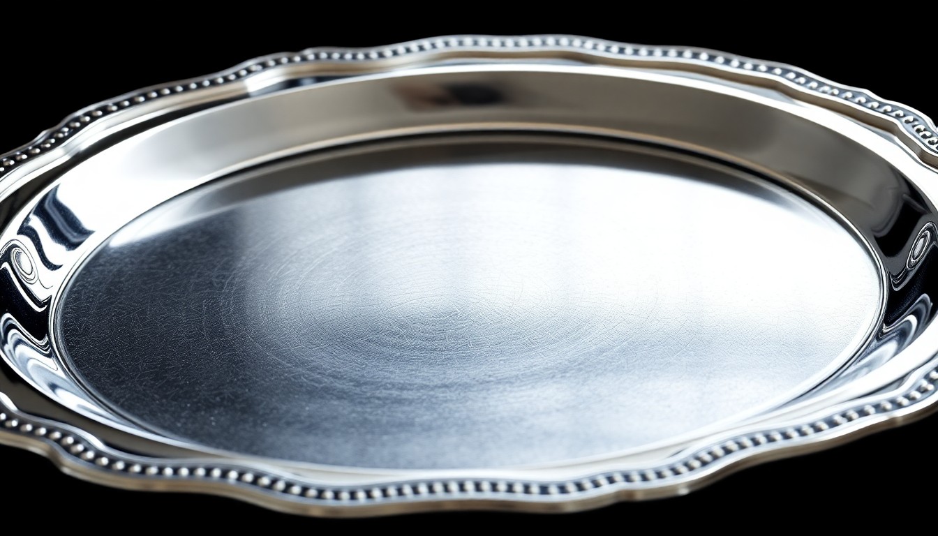 An extreme close-up photograph of a highly reflective silver serving tray, capturing the luxurious, high-end texture and dramatic studio lighting typical of glamour photography.