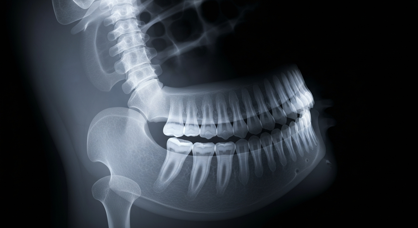 A ghostly, translucent X-ray photograph revealing the intricate internal structure of a human jaw, with glowing bones and teeth against a dark background, conceptually representing the advanced technology and specialized expertise of modern oral surgery.