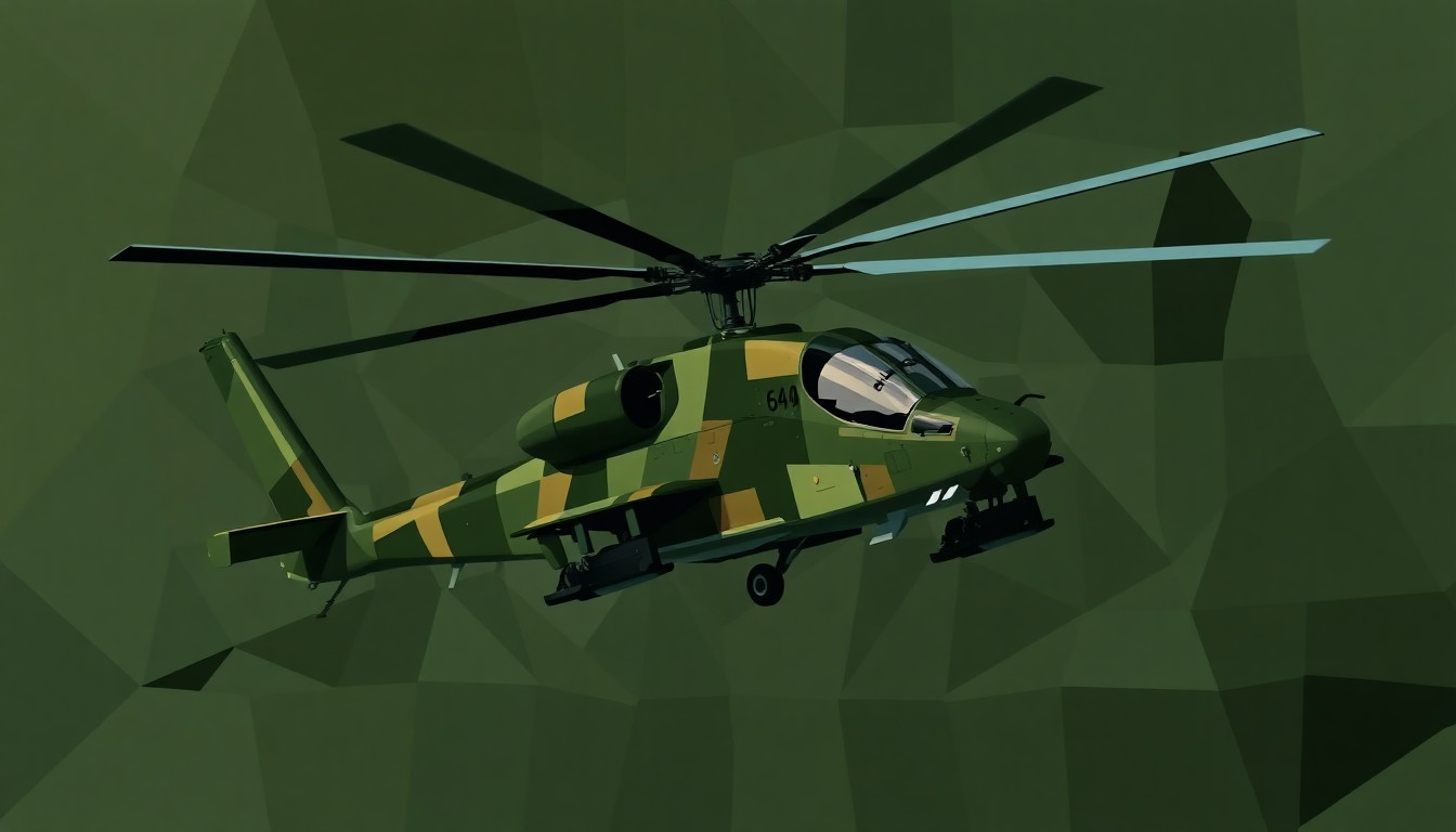 A dynamic, fragmented painting depicting the overlapping, repeated forms of an AH-64 Apache helicopter in flight, conveying a sense of motion and the scrutiny surrounding the incident.