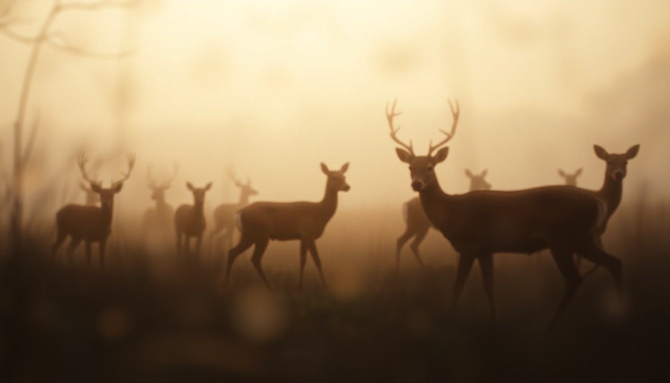 An abstract, out-of-focus scene of deer silhouettes moving through the hazy, dimly lit undergrowth of Liberty State Park, creating a contemplative and atmospheric visual metaphor for the complex issues surrounding the deer culling controversy.