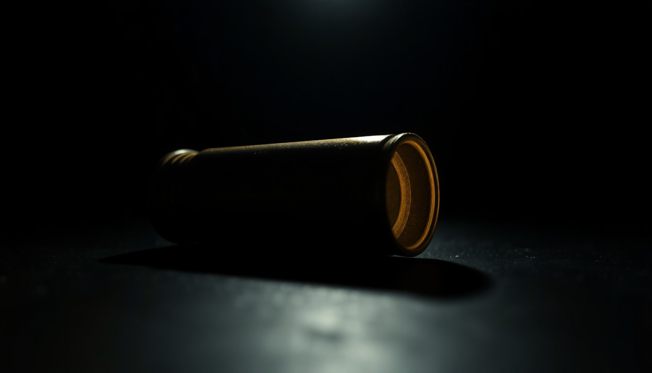An extreme close-up photograph of a spent shell casing on a dark surface, lit by a harsh, direct camera flash, creating a stark, gritty, investigative aesthetic.