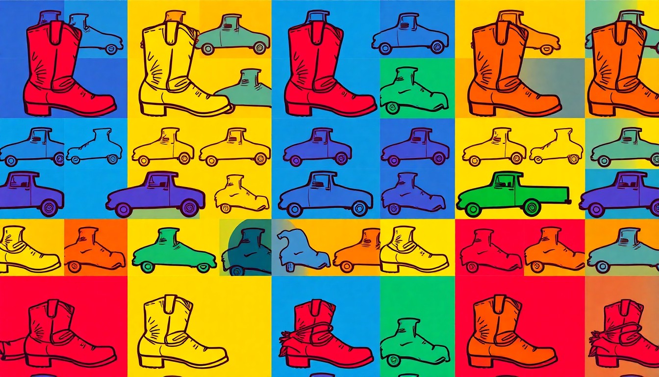 A brightly colored, high-contrast silkscreen print of a Montana-themed icon such as a cowboy boot or grizzly bear, repeated in a tight grid pattern to create a modern pop art illustration.