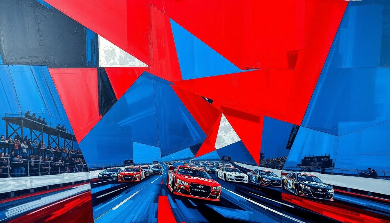 A fractured, multi-perspective painting depicting a NASCAR race at Martinsville Speedway, with the cars and track broken down into sharp, overlapping geometric shapes in a palette of dark blue, bright red, and chrome silver.
