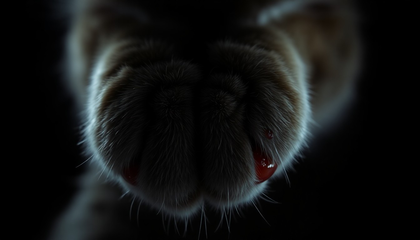 An extreme close-up photograph of a cat's paw with visible injuries, lit by a harsh, direct camera flash against a pitch-black background, conceptually illustrating the evidence of abuse in this case.
